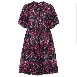 Ulla Johnson autumn fawn abstract Floral tiered ruffle Black and Pink Dress